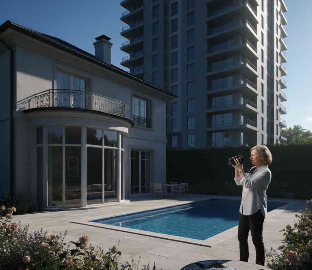 Maison et jardin ombragés par une nouvelle construction voisine, propriétaire prenant des photos datées de la perte d’ensoleillement