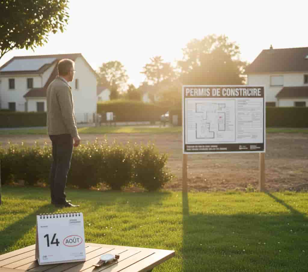 Voisin consultant un panneau de permis de construire avec calendrier montrant le délai de recours
