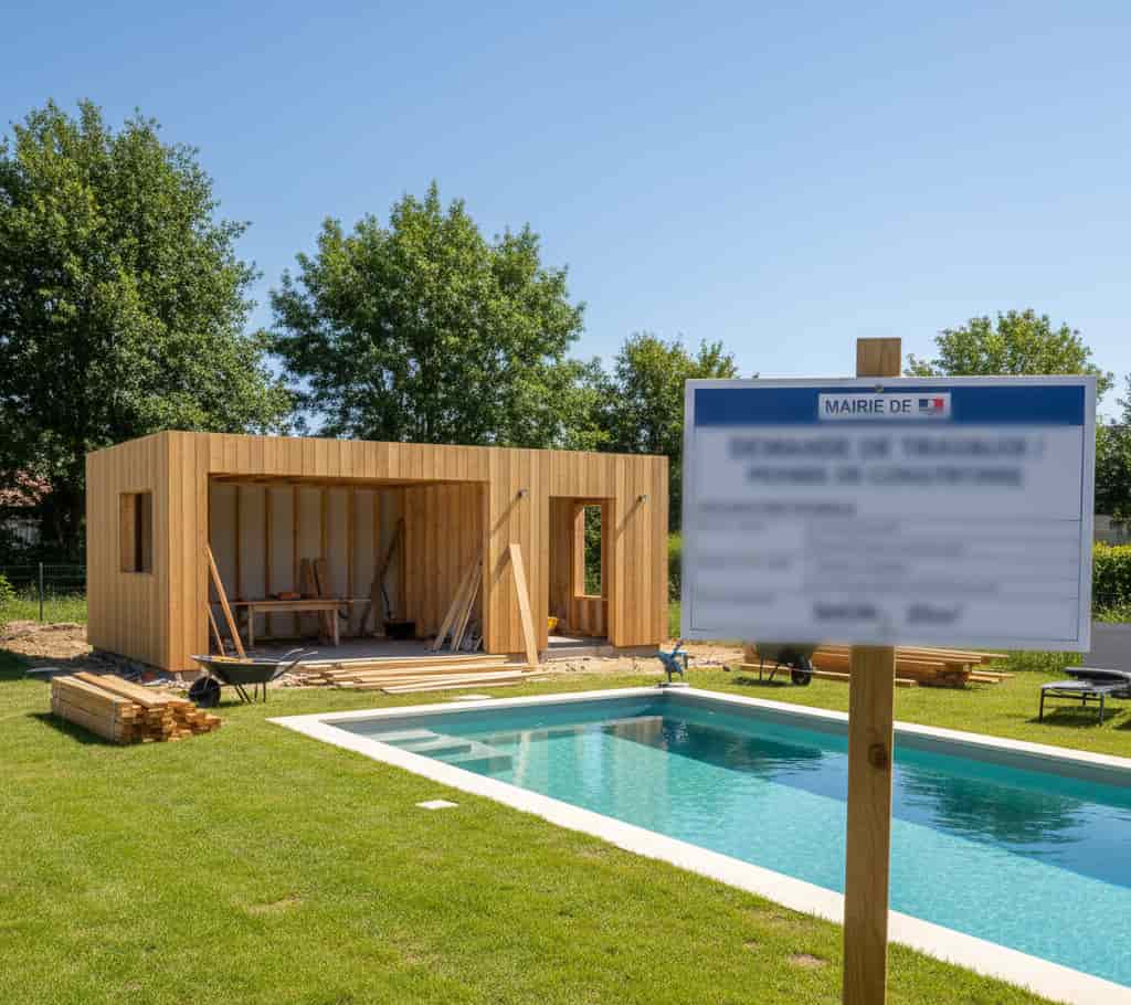 un pool house moderne en construction au bord d’une piscine, avec un panneau de chantier affichant “Déclaration préalable de travaux / Permis de construire” posé à l’entrée du terrain.
