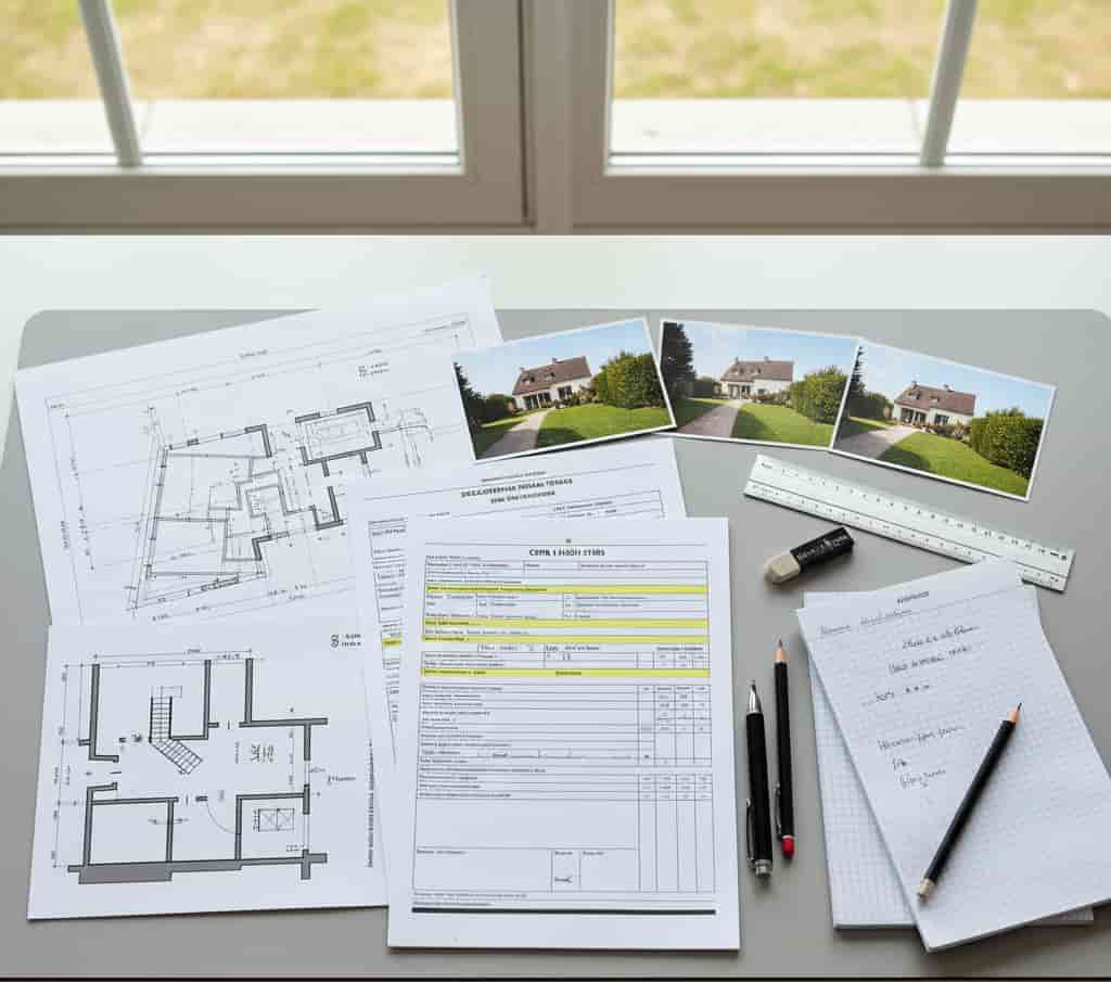 Dossier complet de déclaration préalable de travaux avec formulaire CERFA, plans et pièces jointes prêt à déposer en mairie