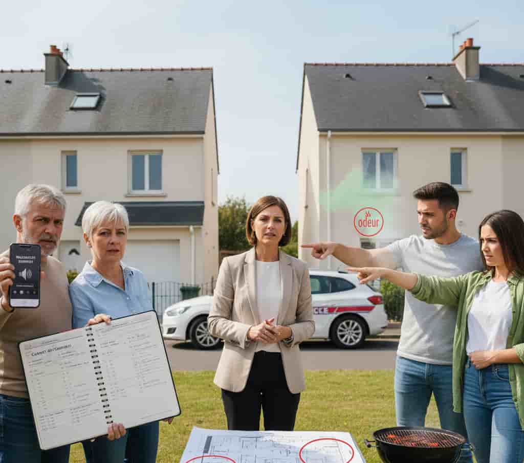 Voisins en conflit à cause de nuisances sonores et olfactives, médiation ou conciliation devant des maisons en France