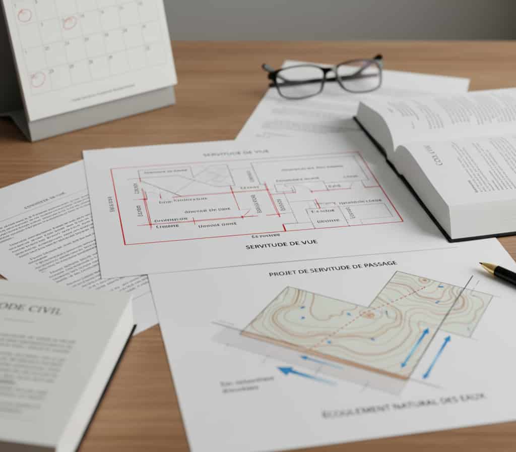 Plans de servitudes légales de vue, de passage et d’écoulement des eaux avec références juridiques sur une table