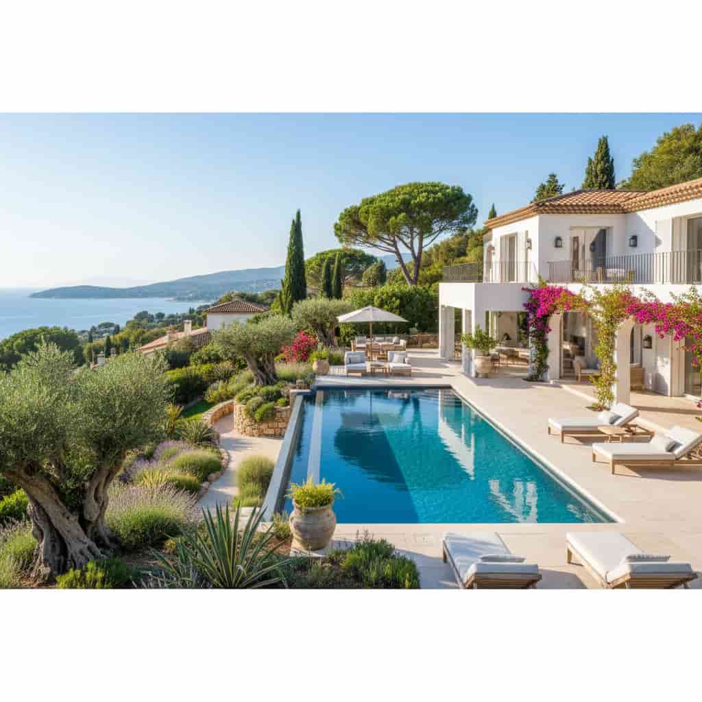 Villa de luxe sur la Côte d’Azur avec piscine et jardin méditerranéen, style résidence de célébrité télé