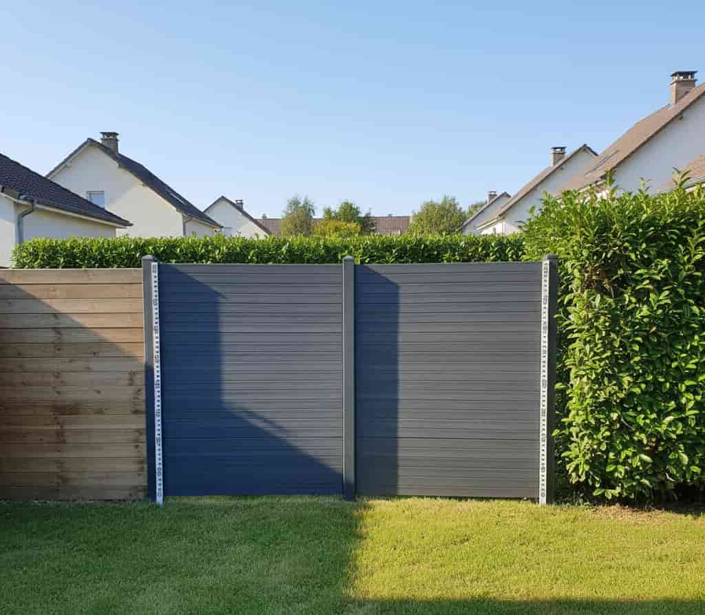 Panneau occultant installé le long d’une clôture dans un jardin, hauteur mesurée selon réglementation locale