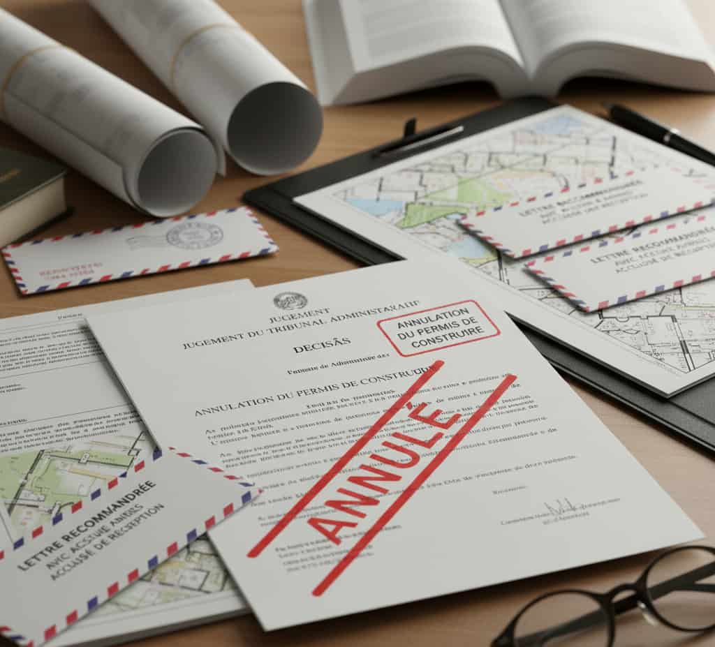 Jugement d’annulation d’un permis de construire affiché avec plan de construction et decision judiciaire