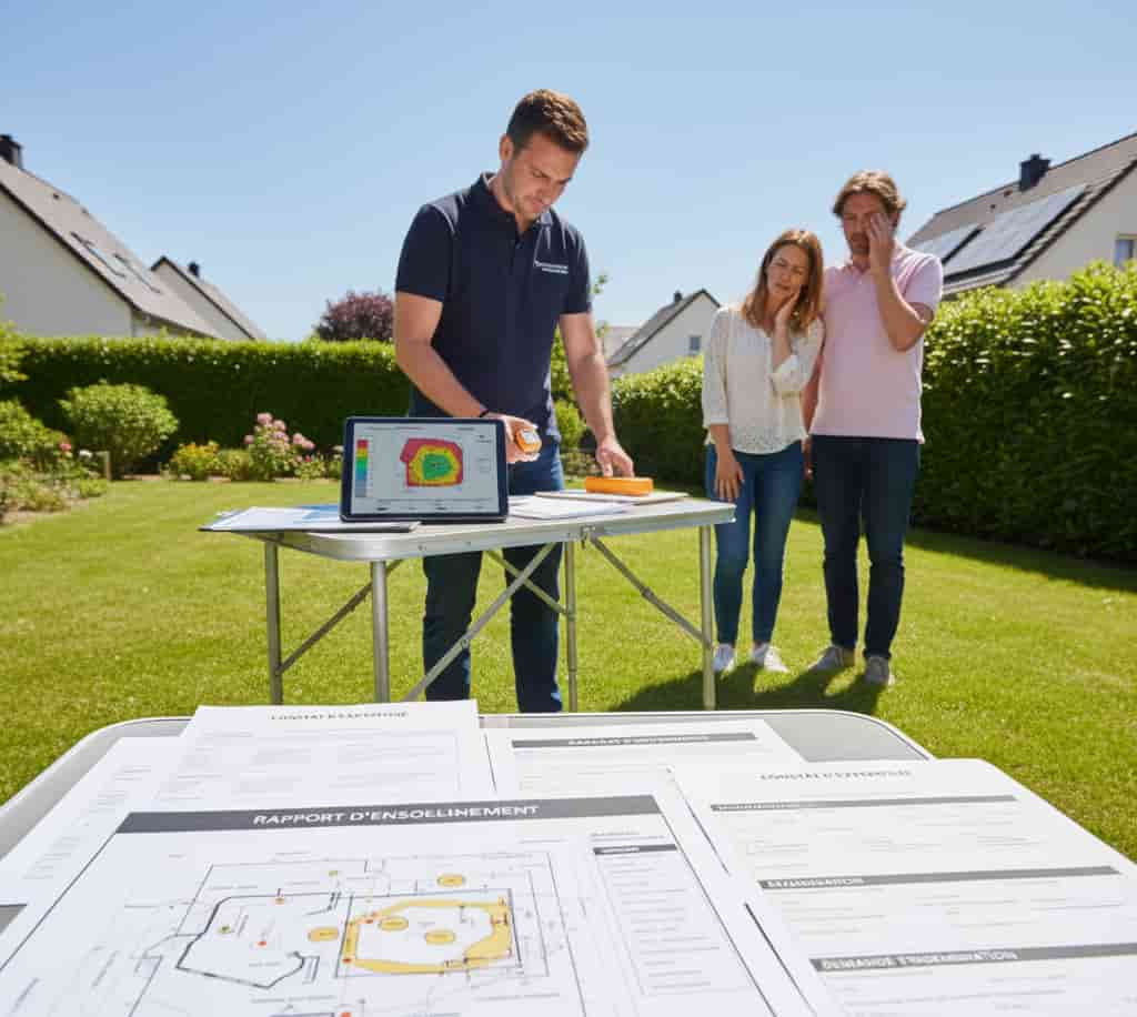 Expert mesurant la perte d’ensoleillement d’une propriété pour constater un trouble anormal de voisinage et préparer l’indemnisation