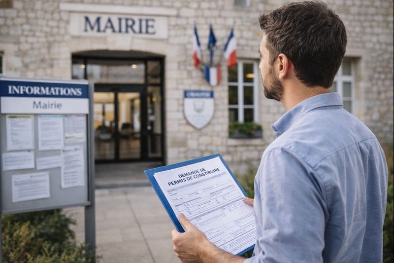 Pétitionnaire avec dossier de permis de construire devant une mairie, attendant la réponse administrative pour une autorisation tacite d’urbanisme