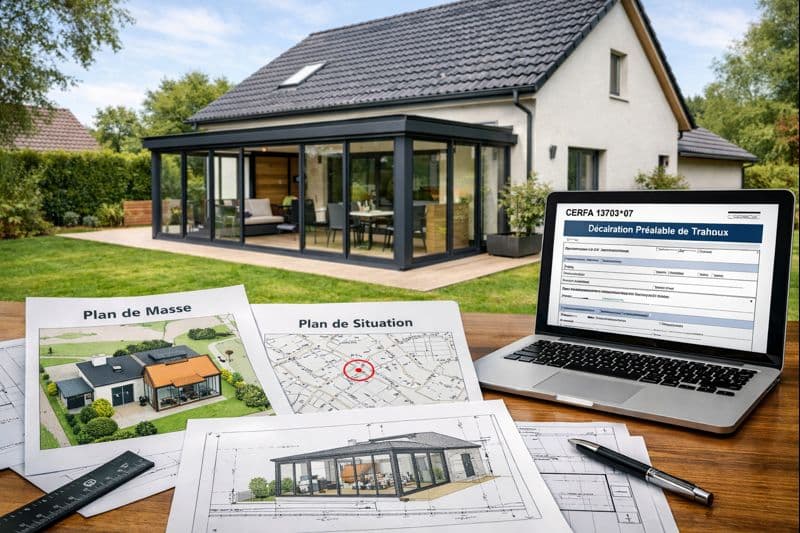 photographie réaliste d'une maison avec véranda vitrée moderne et plans de déclaration préalable de travaux pour véranda, illustrant les démarches urbanisme pour DP véranda