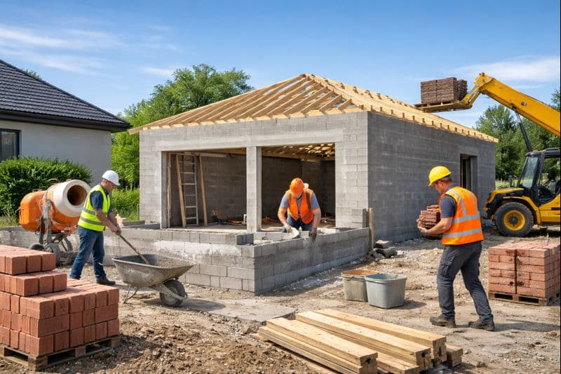 Construction d'un garage résidentiel avec ouvriers et matériaux de construction, montrant des murs en béton et des équipements de chantier.