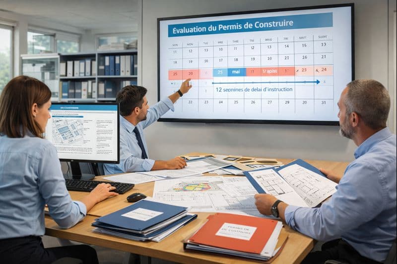 bureau d’urbanisme examinant des dossiers de permis de construire avec calendrier de suivi des délais d’instruction sur un écran