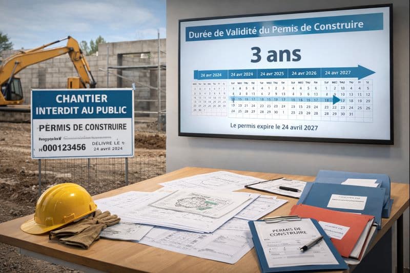 panneau de chantier avec calendrier indiquant la durée de validité du permis de construire et documents administratifs