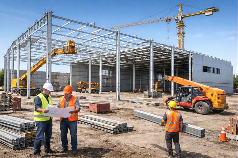 chantier de construction d’un entrepôt industriel avec structure métallique et ouvriers sur site