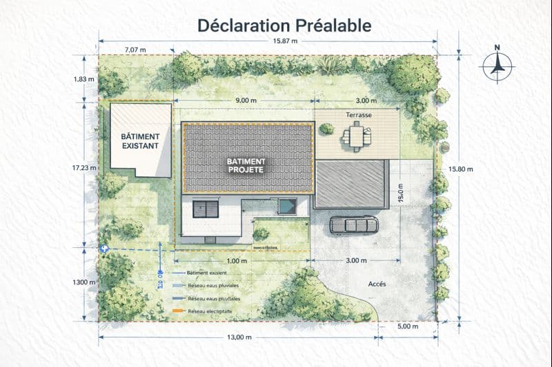 plan de masse détaillé pour déclaration préalable de travaux montrant limites de parcelle, constructions existantes et projetées avec annotations
