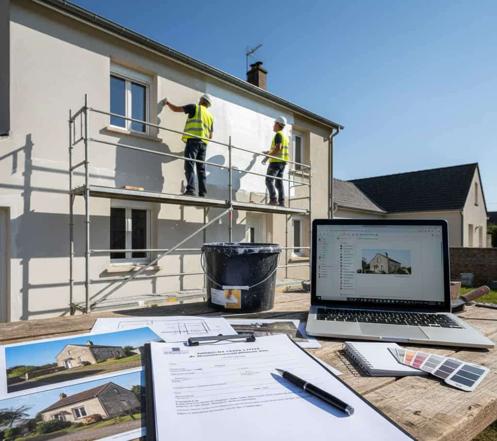 Artisan ravaleur appliquant un enduit sur façade de maison avec documents de déclaration préalable de travaux (formulaire CERFA, plans) et ordinateur sur une table de chantier
