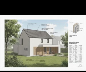 Visuel montrant un projet architectural de maison avec annotations de matériaux et volumes pour la notice descriptive PCMI4 du permis de construire, intégration dans l’environnement existant conforme au PLU.