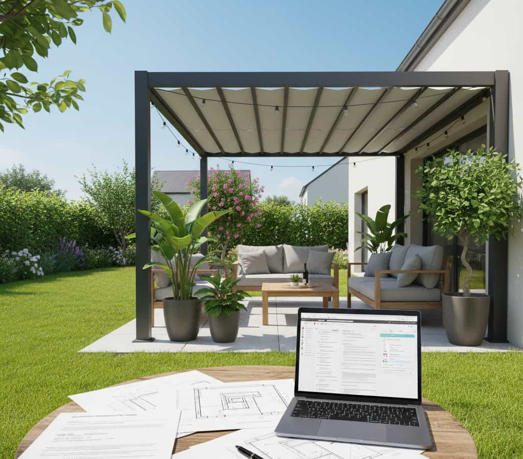 Terrasse avec pergola moderne aménagée dans un jardin, documents de déclaration préalable de travaux (plans et formulaire CERFA) et ordinateur sur une table, illustrant l’aménagement extérieur et la démarche administrative