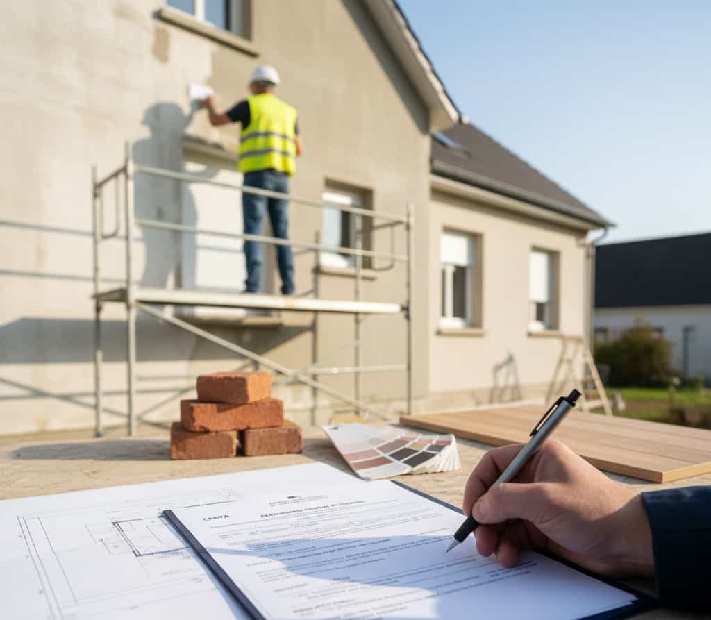 Rénovation de la façade d’une maison avec application de nouvel enduit et documents de déclaration préalable de travaux sur une table, symbolisant la modification de façade