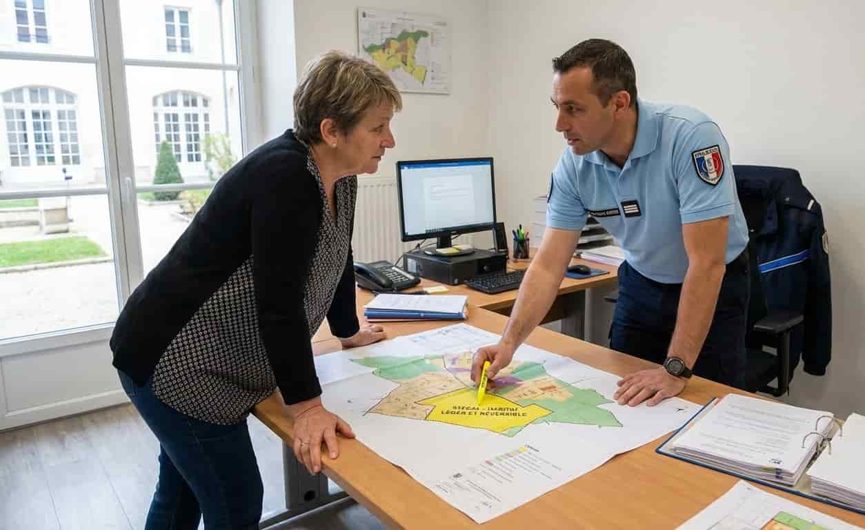 une personne en mairie consultant une grande carte du PLU avec un agent d’urbanisme, pointant un petit secteur STECAL où des constructions légères sont possibles dans une zone agricole ou naturelle.