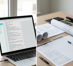 Écran d’intelligence artificielle (ChatGPT/Claude) générant une rédaction pour une déclaration de travaux comparé à un dossier de permis de construire imprimé prêt à déposer.