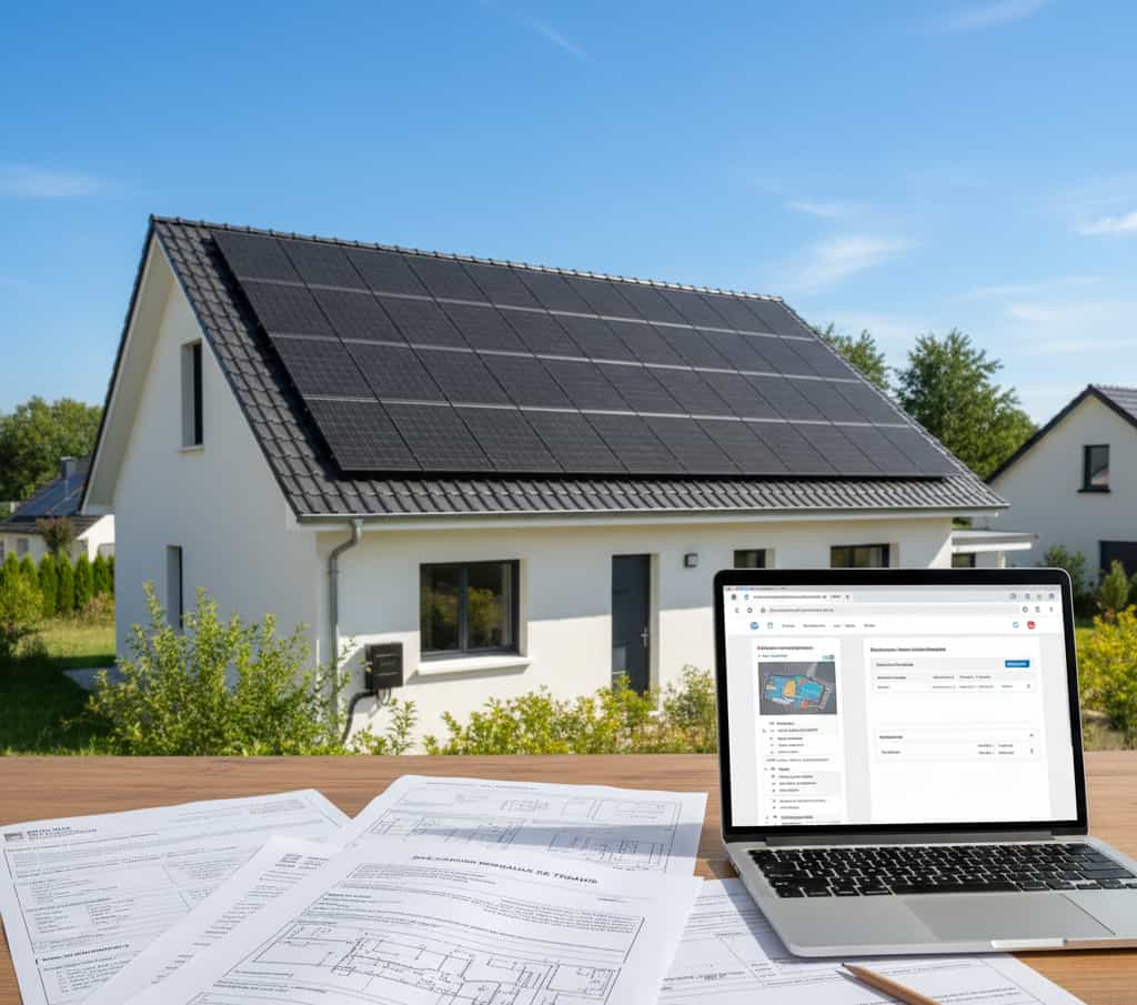 Toit de maison avec panneaux solaires photovoltaïques installés, documents de déclaration préalable de travaux (plans, formulaire CERFA) et ordinateur sur une table, illustrant le dossier administratif pour panneaux solaires