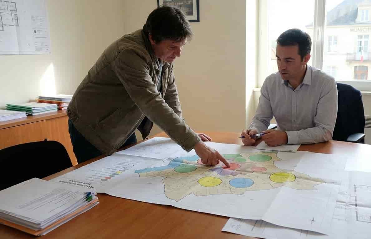 une personne consultant un plan du PLU en mairie avec un agent d’urbanisme, pointant une zone pastille où l’installation d’un habitat démontable est permise.
