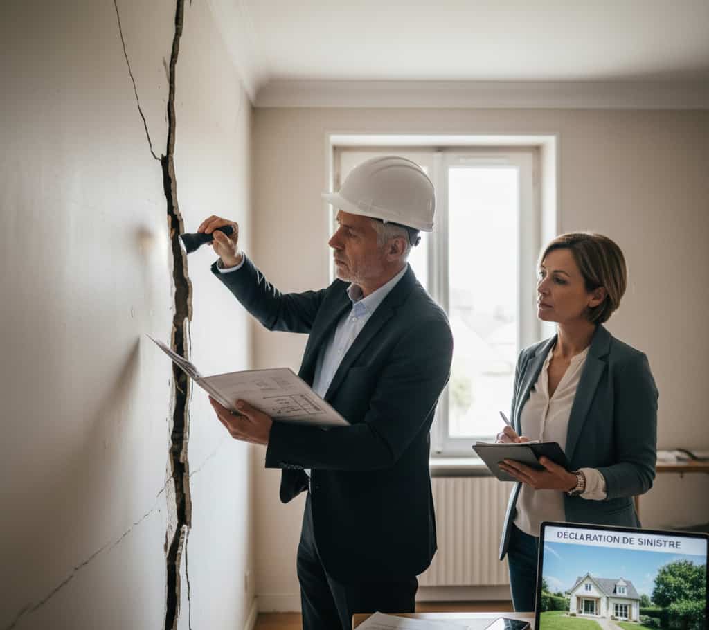 Expert assurance inspectant des fissures après sinistre couvert par l’assurance dommages-ouvrage