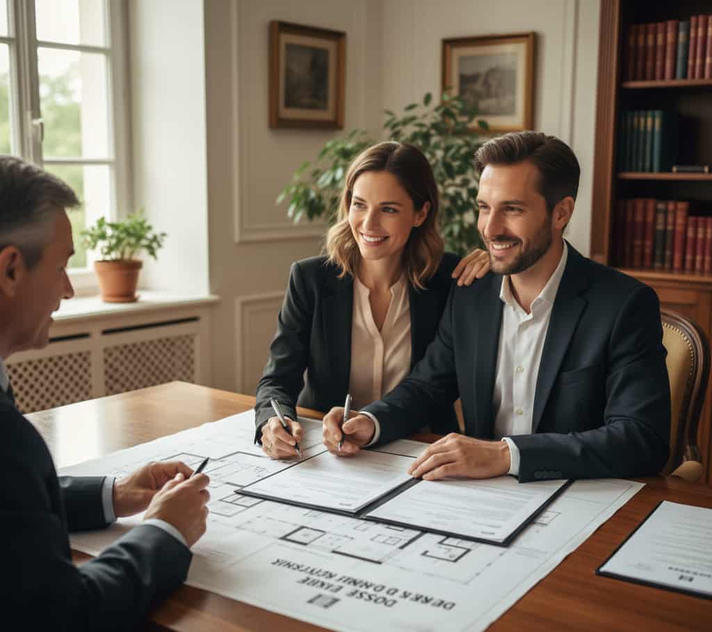 Signature d’un compromis de vente avec clause suspensive de permis de construire chez le notaire.