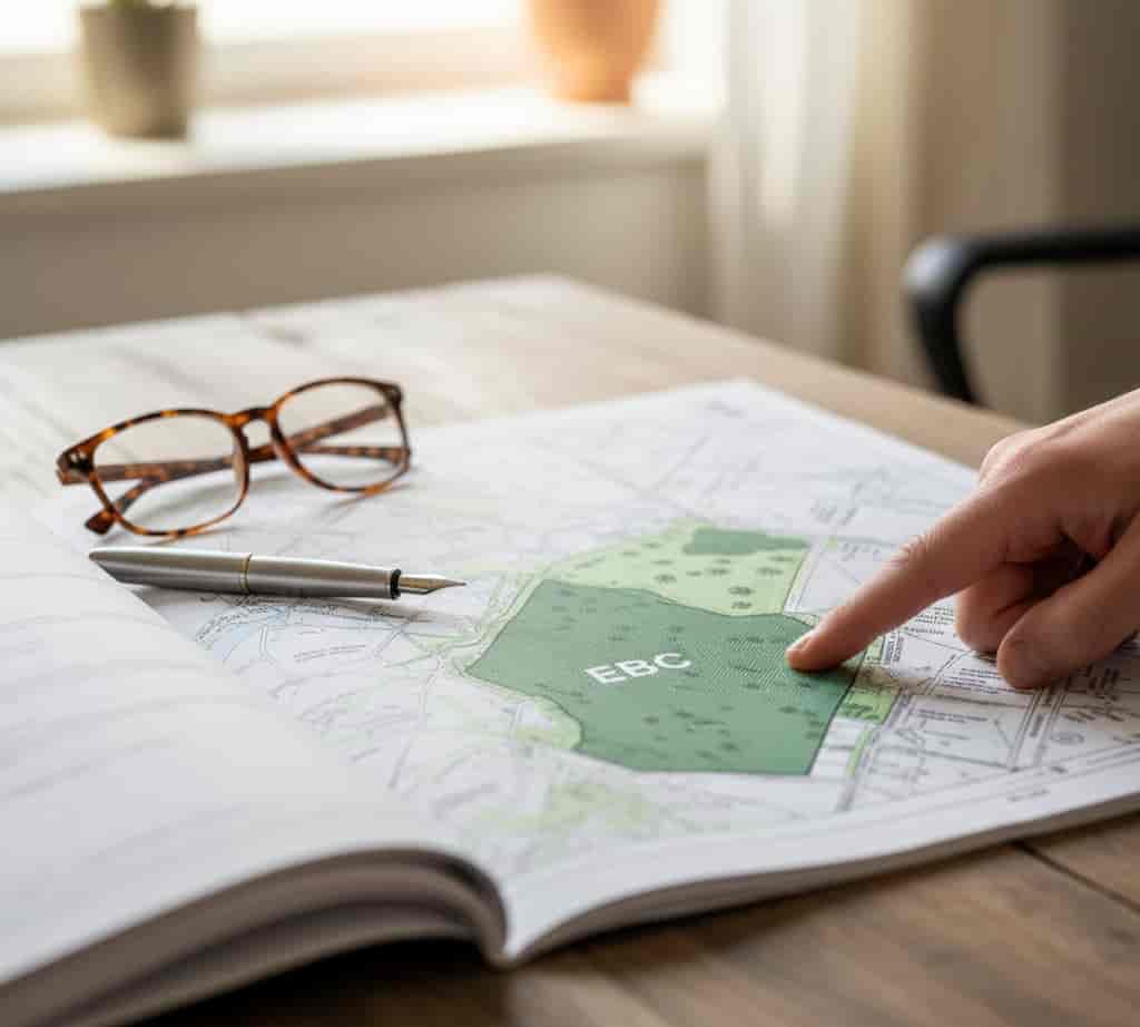 Extrait d'un plan de zonage PLU montrant une zone identifiée comme Espace Boisé Classé (EBC) où le défrichement est interdit