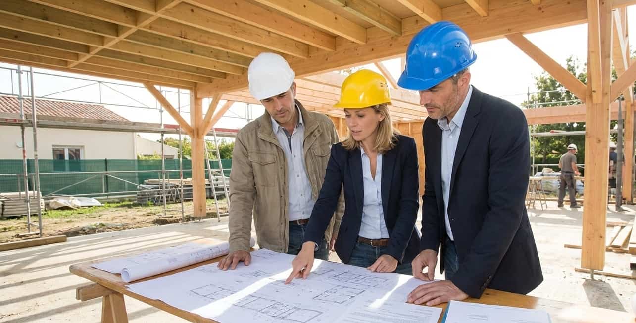 Image d’un expert assurance présentant une attestation Tous Risques Chantier (TRC) sur un chantier de construction