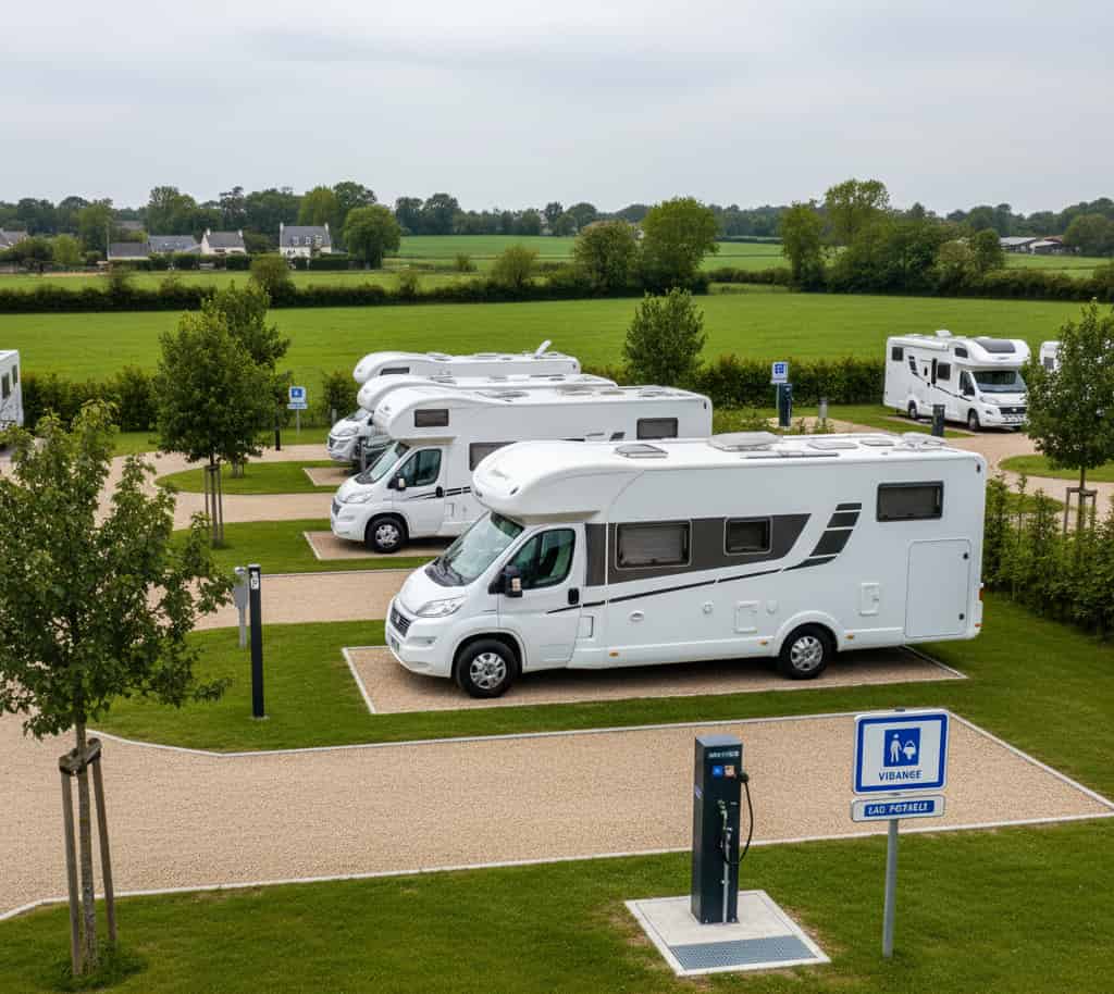 Aire de camping-car aménagée avec emplacements stabilisés, borne de services et signalétique conforme à la réglementation.