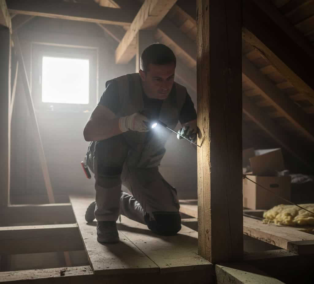 Diagnostiqueur immobilier professionnel réalisant un sondage mécanique du bois de charpente pour le diagnostic termites obligatoire