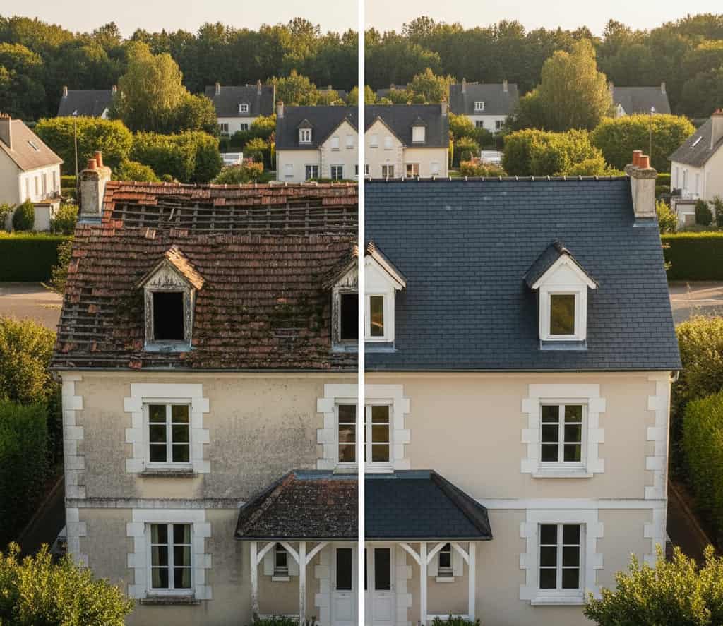 Avant après rénovation de toiture avec remplacement des tuiles par ardoises naturelles.
