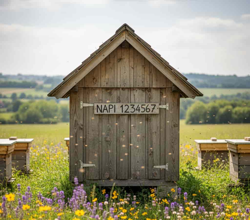 Rucher déclaré avec numéro NAPI et abri de ruches conforme à la réglementation d’urbanisme.