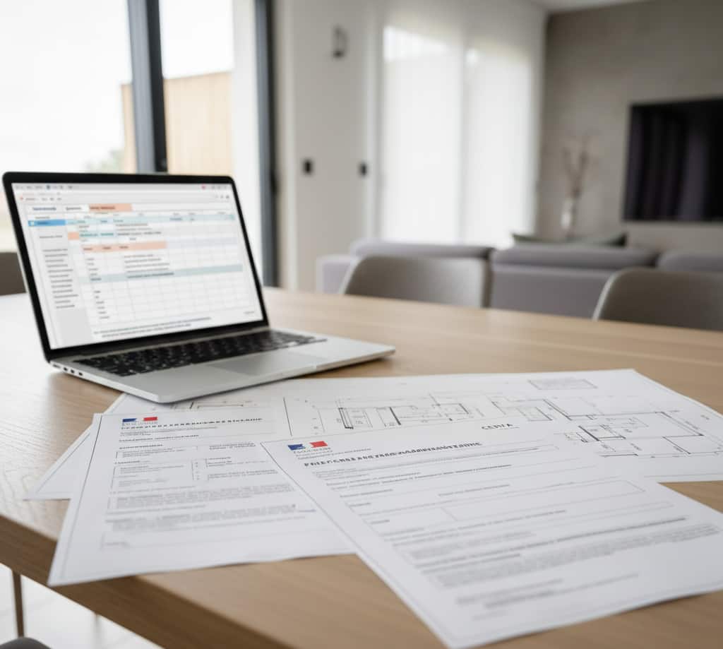 table en bois clair, plans d’architecte détaillés, formulaires administratifs français CERFA visibles, ordinateur portable ouvert affichant un calendrier de démarches, ambiance lumineuse naturelle, intérieur moderne français, style photographie immobilière professionnelle, haute définition, profondeur de champ légère, couleurs neutres et naturelles, rendu ultra-réaliste 4K.