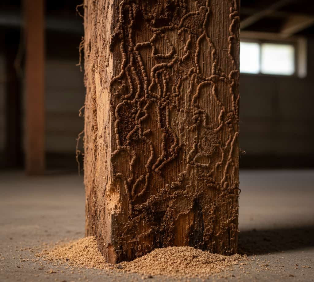 Gros plan sur des dégâts structurels importants causés par des termites sur une poutre en bois dans une cave