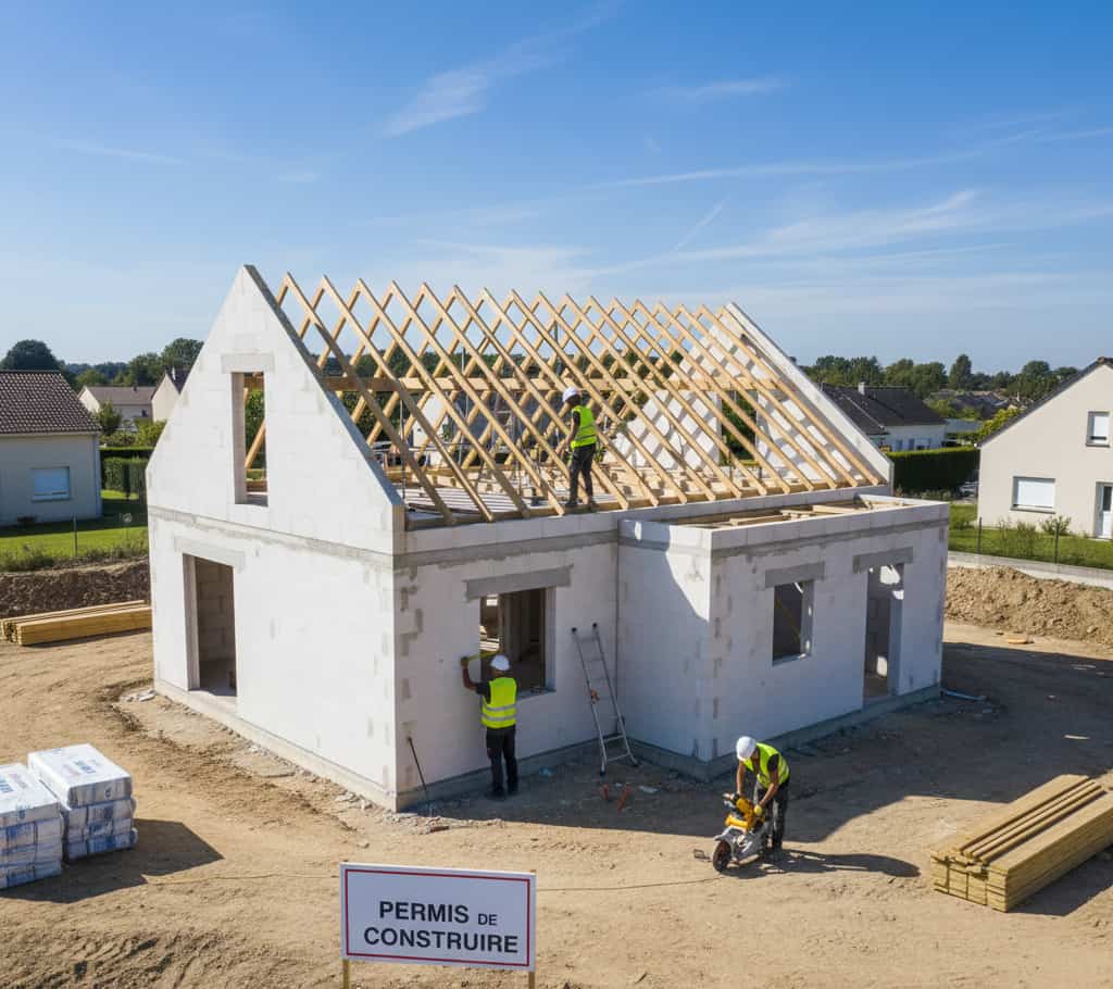 Chantier de maison individuelle réalisé sous CCMI avec garantie de livraison et permis de construire affiché