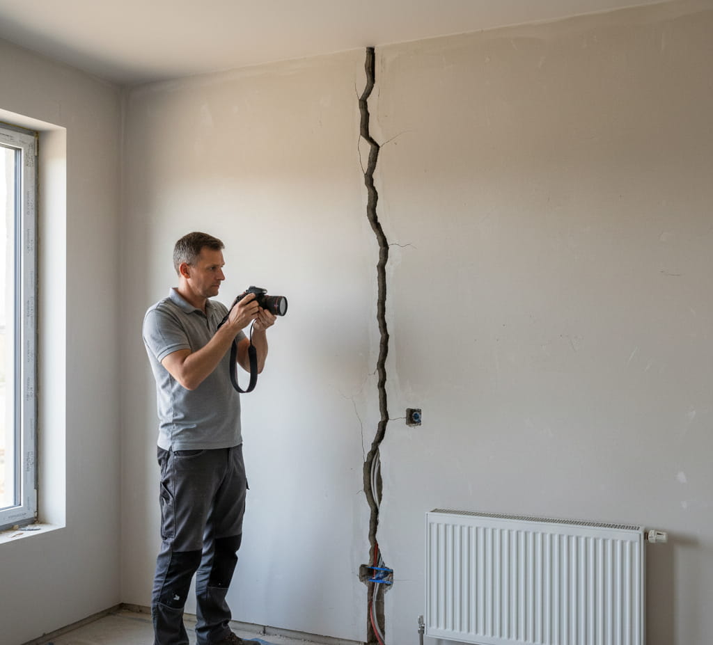 Expert inspectant des fissures structurelles couvertes par la garantie décennale après réception des travaux