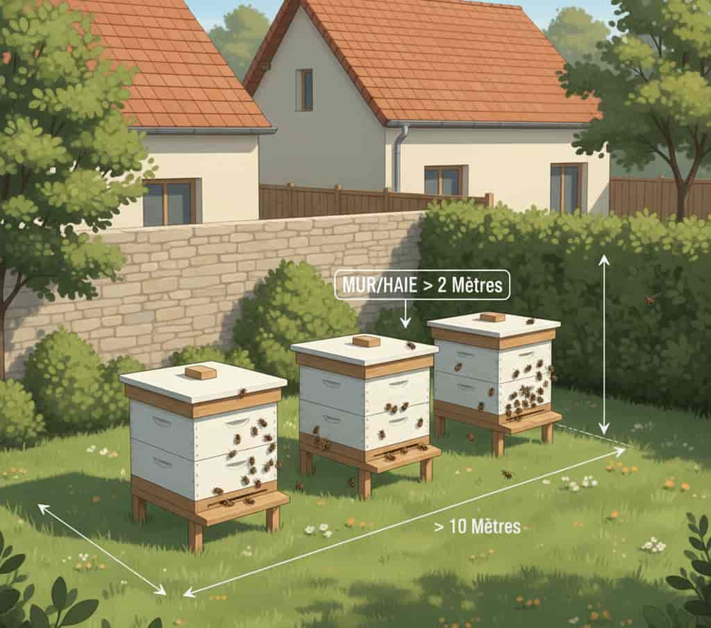 Distances réglementaires pour installer des ruches dans un jardin avec clôture de 2 mètres et habitation voisine.