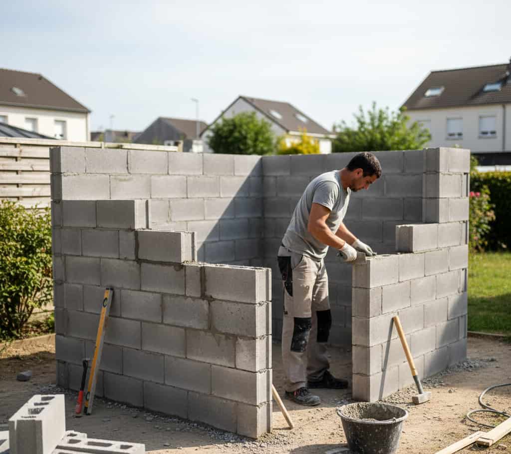 un artisan construisant un local technique maçonné de 10 m² dans un jardin résidentiel
