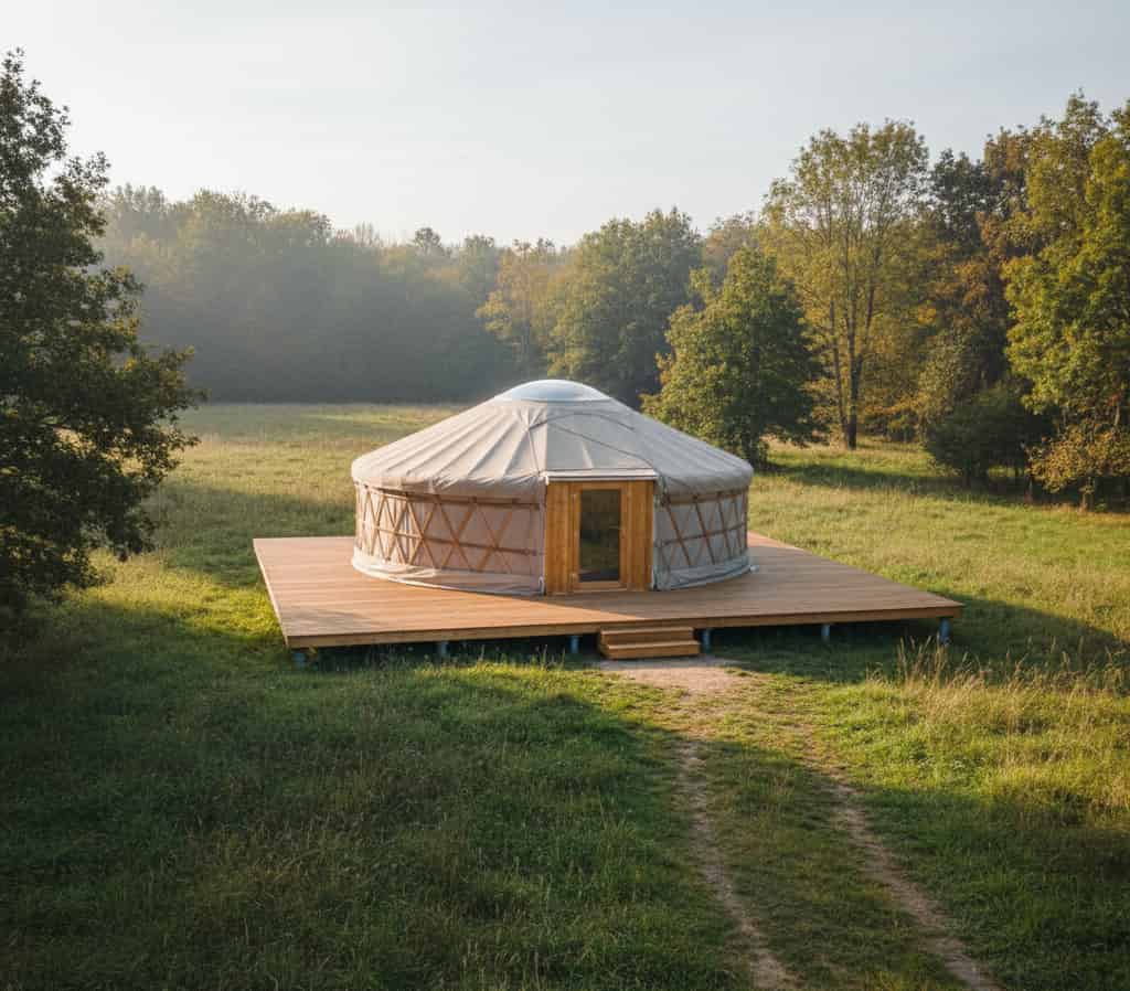 Photographie ultra réaliste d’une yourte contemporaine installée sur un terrain naturel en France, structure circulaire en bois clair avec toile beige, plateforme en bois, environnement rural avec prairie et arbres, lumière douce du matin, ambiance écologique et habitat léger, style reportage architectural, profondeur de champ naturelle, qualité photo 4K.