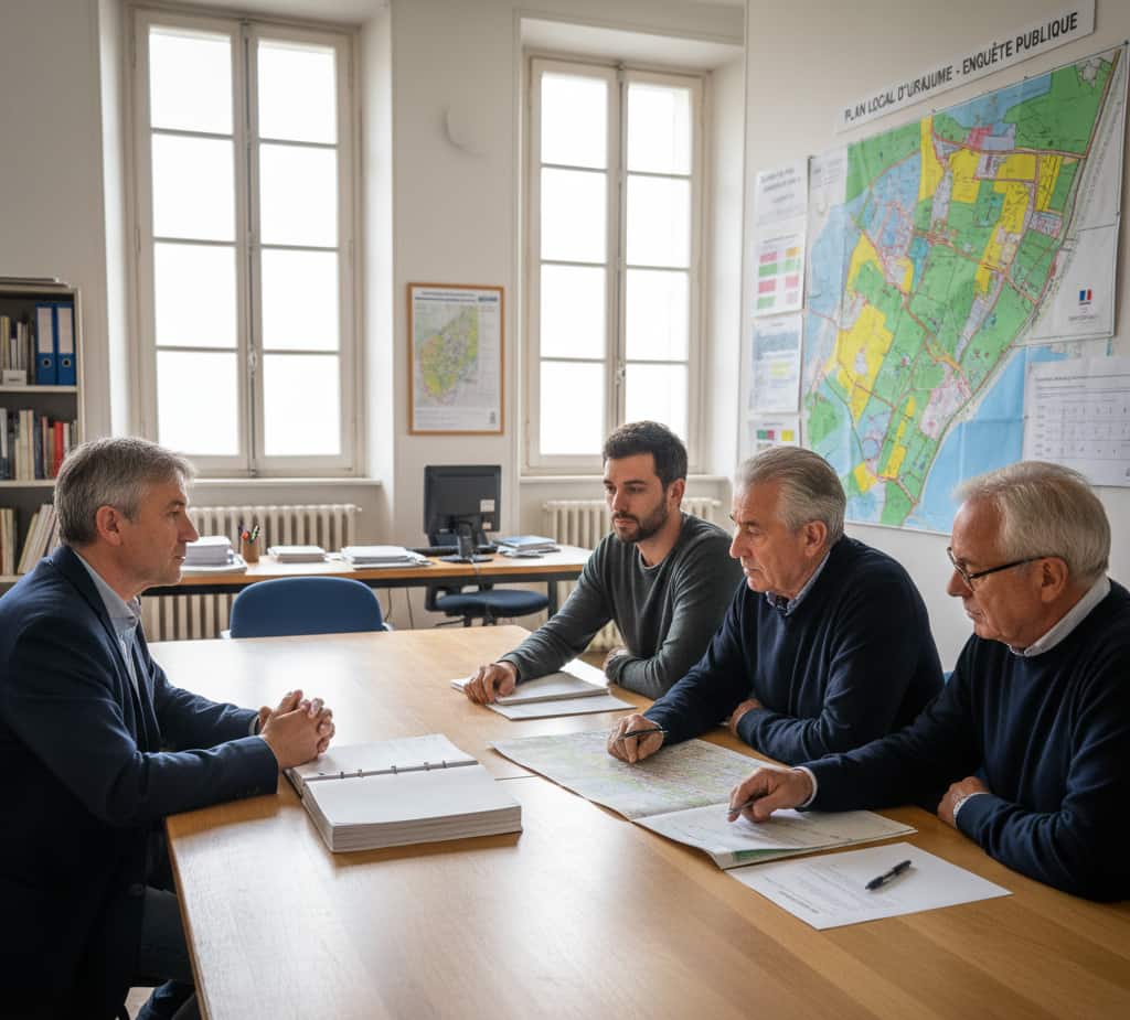 Enquête publique en mairie avec habitants consultant les plans du projet d’urbanisme.