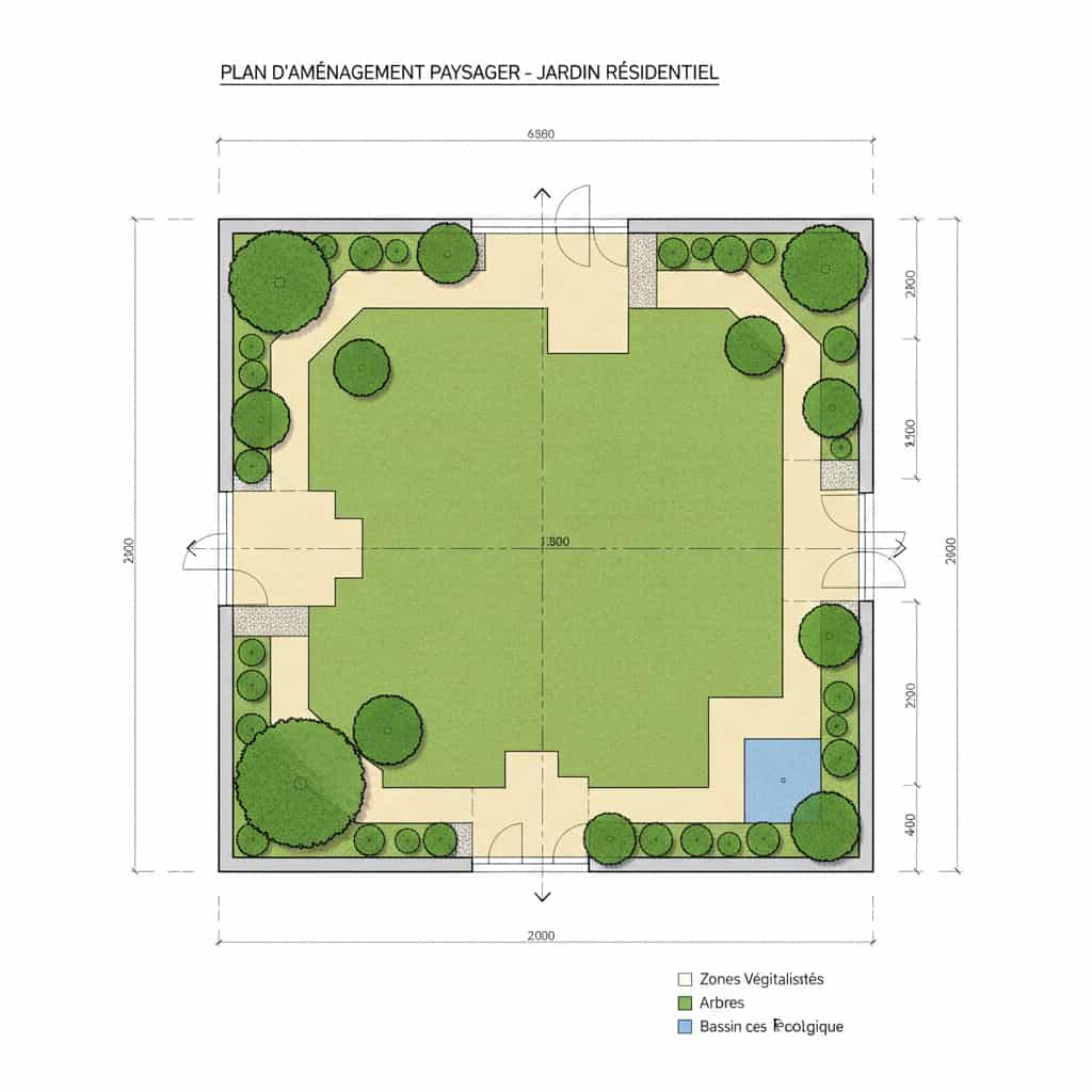Plan de masse d'un projet paysager avec calcul des surfaces de pleine terre pour dossier de permis de construire