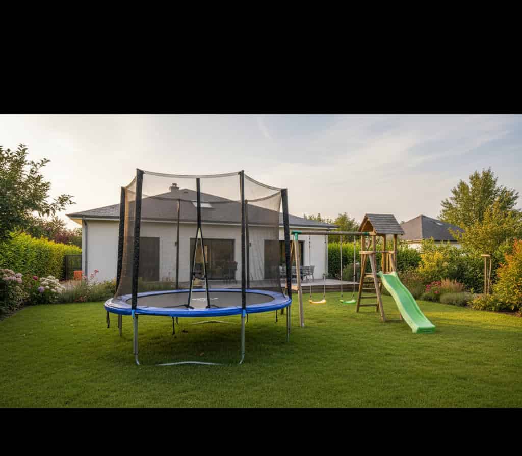 aire de jeux familiale avec trampoline dans un jardin privé sans autorisation urbanisme