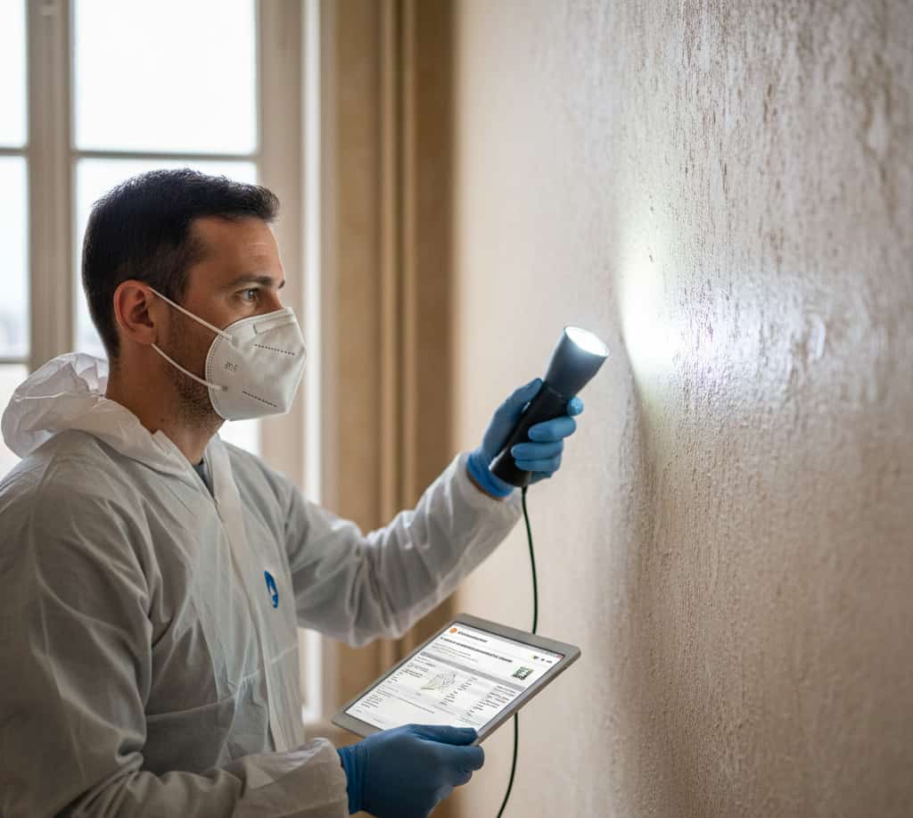 un diagnostiqueur immobilier professionnel en tenue de protection légère (gants, masque FFP2)