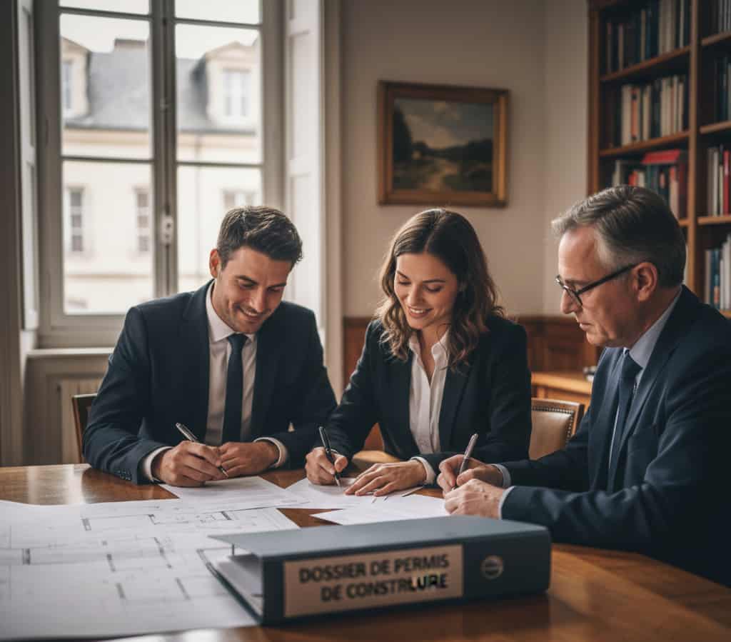 Terrain à bâtir avec permis de construire obtenu conditionnant la vente immobilière.