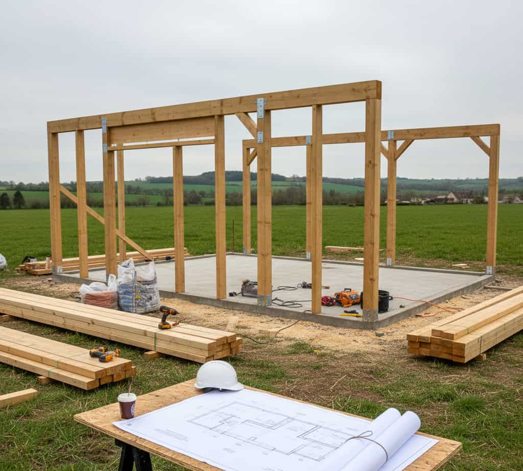 Chantier de construction d'un abri pour chevaux nécessitant une déclaration préalable ou un permis