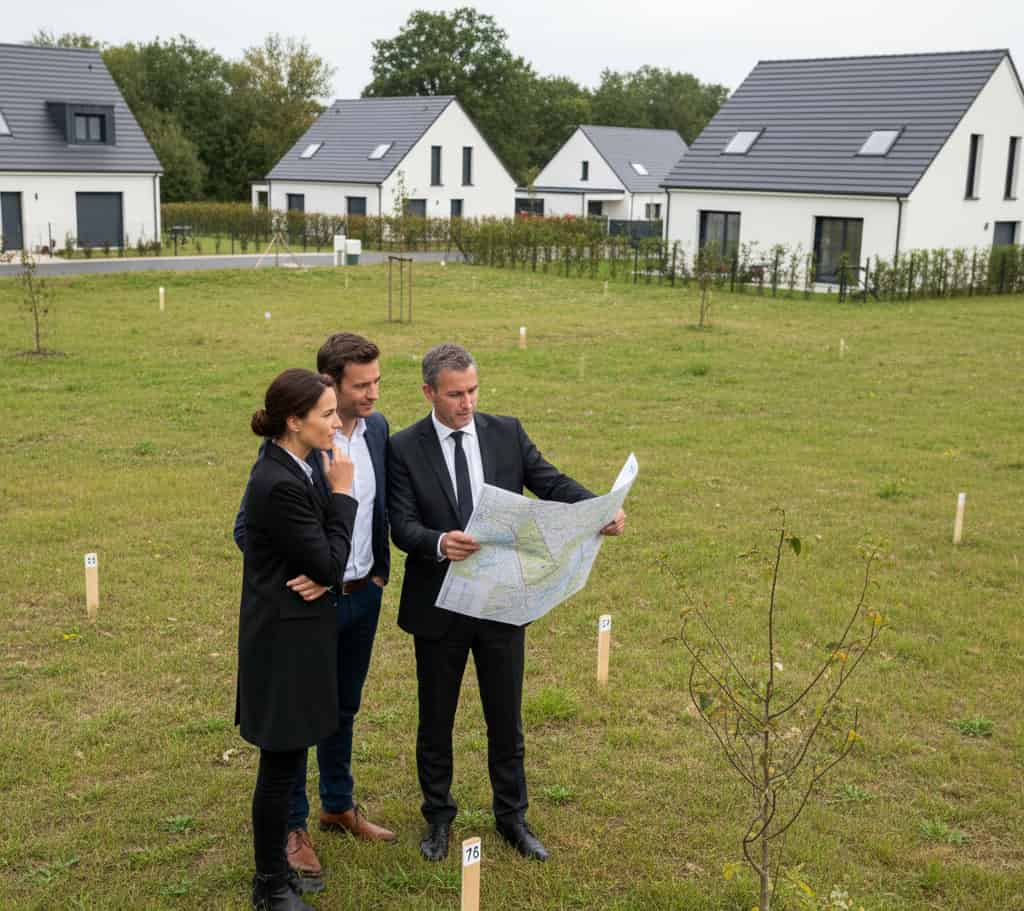 Photographie réaliste d’un couple visitant un terrain constructible avec un notaire et un plan cadastral, environnement pavillonnaire calme, panneaux de bornage visibles, lumière naturelle douce, style immobilier français moderne, haute définition, profondeur de champ réaliste, rendu professionnel.