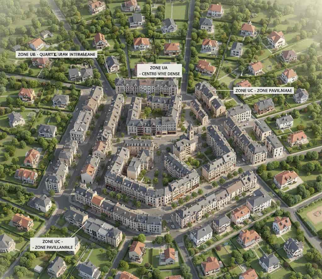 Schéma comparatif des zones UA UB UC du PLU montrant centre-ville dense, quartier urbain intermédiaire et zone pavillonnaire.