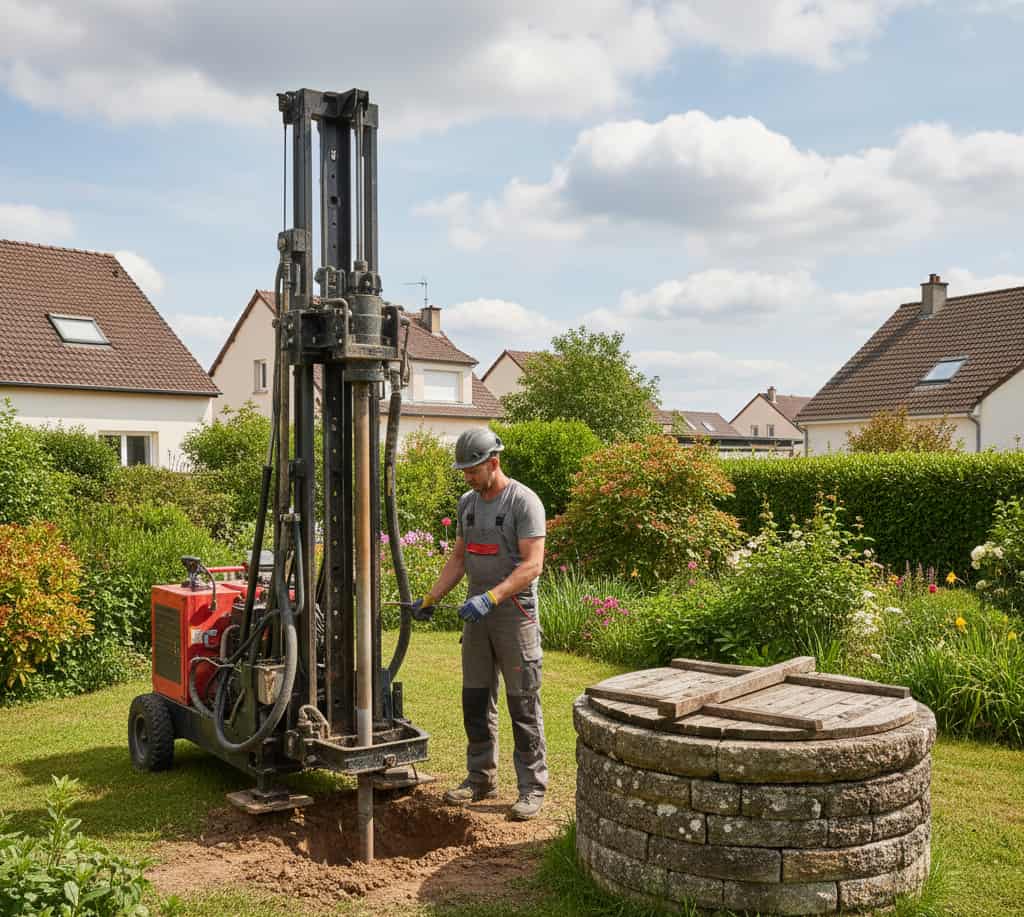 Foreuse en train de réaliser un forage domestique dans un jardin, respectant les normes légales de déclaration