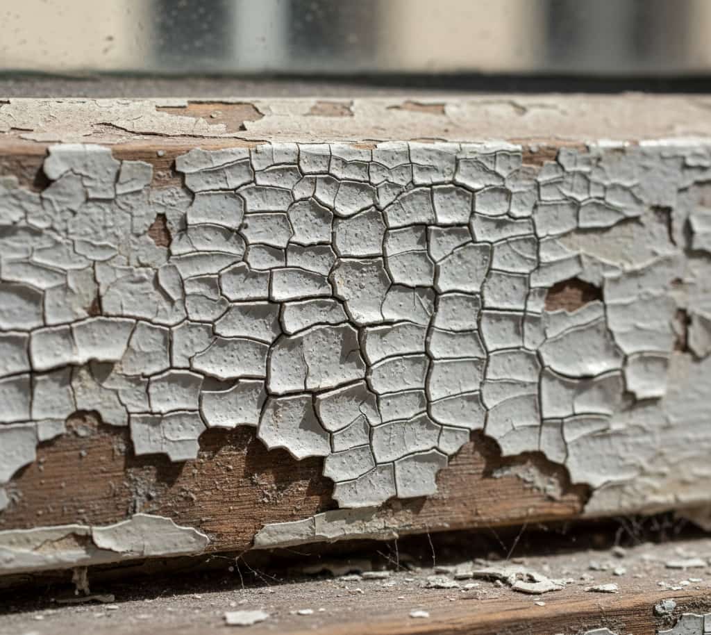 Gros plan sur de la vieille peinture au plomb écaillée et dégradée sur une fenêtre en bois ancienne